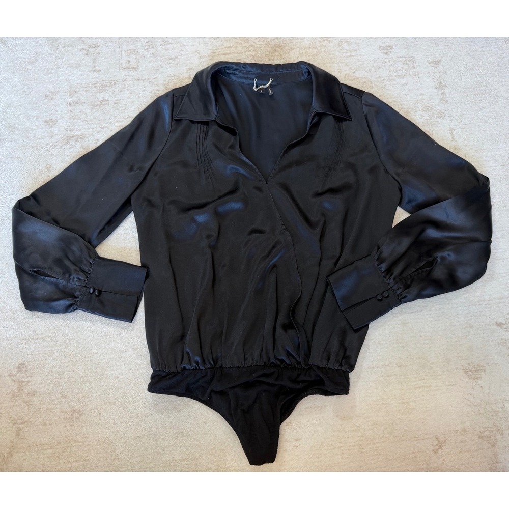 PAIGE Black 100% Silk Long Sleeve Wrap Bodice Bodysuit Small